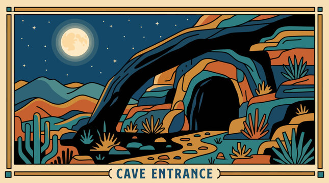 Desert cave entrance under moonlight