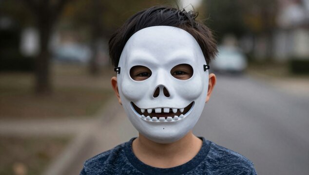 Young boy wearing a white skeleton mask for a Halloween or Day of the Dead celebration