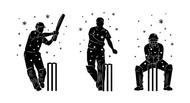Silhouette of cricket players in action poses.