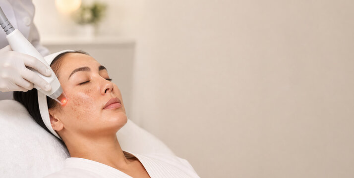 Melasma treatment in a clinical spa setting, with laser skincare procedure and a relaxed patient portrait for beauty, dermatology, and wellness use.