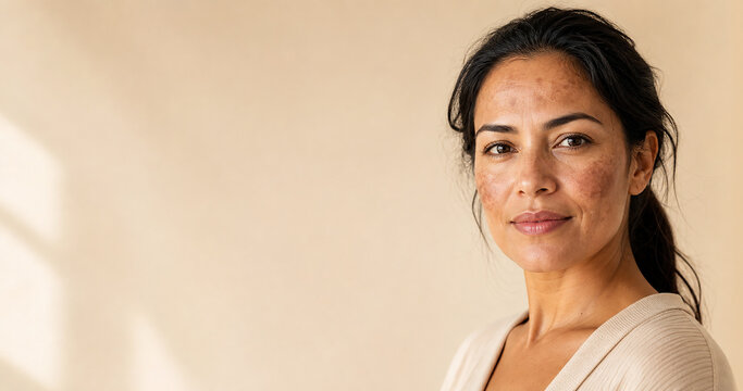 Woman with facial melasma and and hyperpigmentation, natural skin texture. For skincare, dermatology, beauty, and beauty awareness.