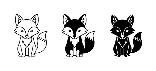 Obraz premium Minimalist fox icon set, black and white forest animal vector, cute sitting fox character illustrations