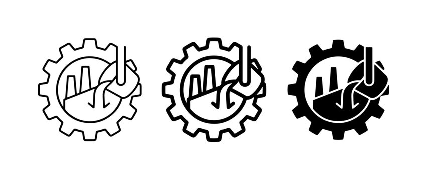Industrial metallurgy icons set, molten metal pouring into gear, heavy steel foundry manufacturing vector