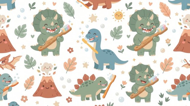Smiling cartoon dinosaurs joyfully brush their teeth, surrounded by volcanoes, leaves, and bubbles