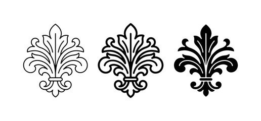 Vintage fleur de lis icons set, royal lily heraldic symbols, black and white floral ornaments vector © Tohim