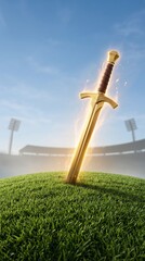 Obraz premium Epic golden sword in stadium grass, world cup champion victory, triumphant sports mood, vertical background.