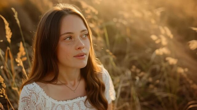 Woman with long hair standing in a field of tall grass glowing in soft golden hour light, serene natural beauty, peaceful outdoor moment, warm rural mood.