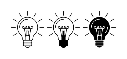 Light bulb icon set, creative idea symbols in outline and solid style, 3 vector lightbulb graphics for business © Tohim