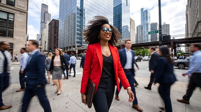 Confident Black Businesswoman in Red Blazer Walking Through Downtown Chicago Crowd