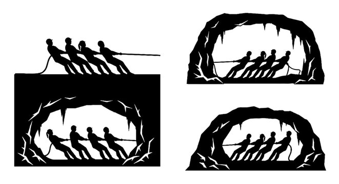 Silhouette of rowers in a stylized cave boat.