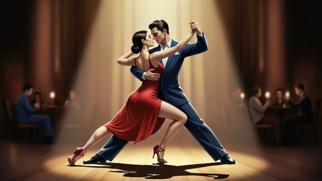 Elegant Couple Dancing in Red and Blue Formal Attire on Wooden Floor