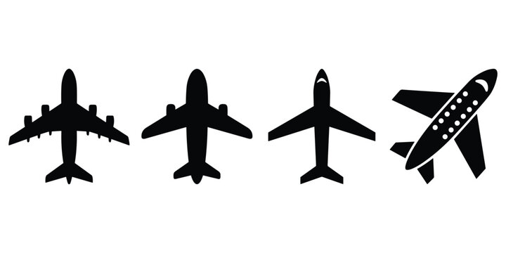 Airplane silhouette collection including commercial jets and private aircraft icons for air travel
