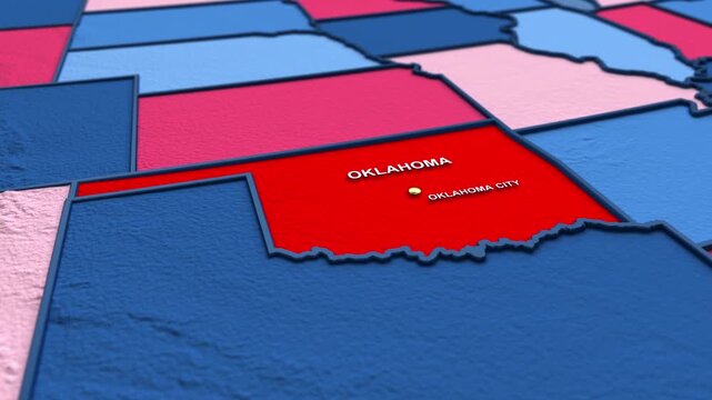 Looped 3D election map animation of the United States zooming into Oklahoma state, featuring red, blue, purple and green political outcome variations. 