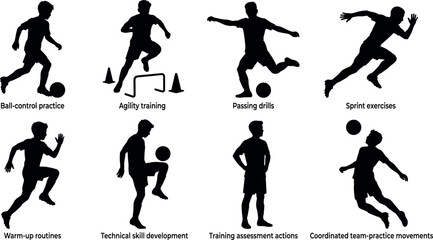 Silhouette set of youth soccer players performing various training drills including ball control, agility, and passing.Silhouette set of youth soccer players performing © Abullah