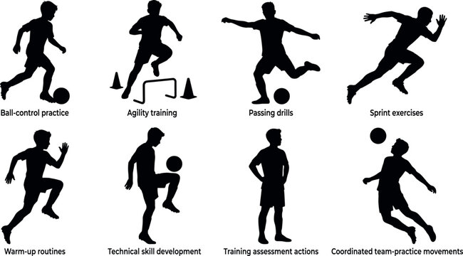 Silhouette set of youth soccer players performing various training drills including ball control, agility, and passing.Silhouette set of youth soccer players performing