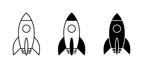 Rocket Ship Icons Set: Space Exploration, Futuristic Travel, and Launch Concepts in Outline and Solid Styles © Bristy