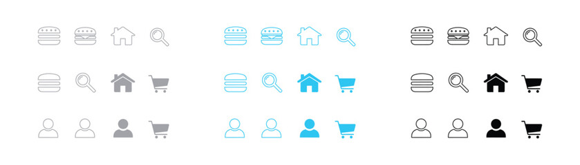 User interface navigation icon set containing home search shopping cart and profile symbols with interface navigation shopping minimalist pictogram magnifying customer business commerce © SilentSmog