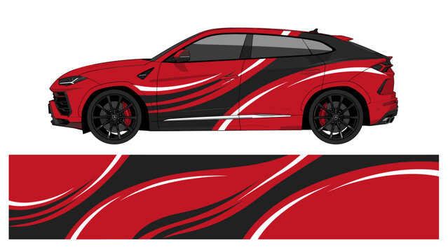 Red and black flowing curve SUV car wrap design.