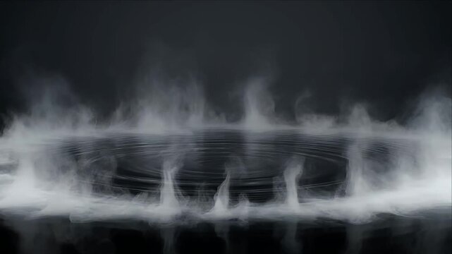 Cinematic smoke cloud background over dark water ripple surface with mysterious fog vapor mist circle on black liquid surface surreal abstract landscape design for dramatic fantasy scene concept
