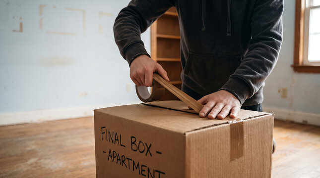 Person kneeling on floor taping final moving box labeled apartment inside empty room during relocation process from old residence.