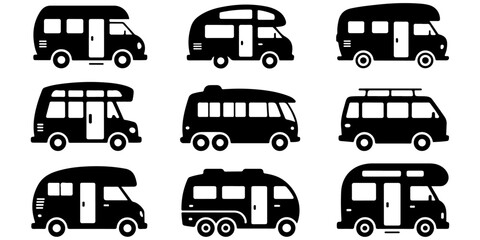 Camper van caravan and motorhome silhouette icon collection for travel themes Camper van and recreational vehicle black silhouette icon © Lutfunnaher