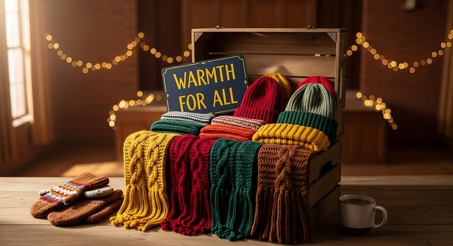 Colorful warm winter scarves and hats in a wooden crate