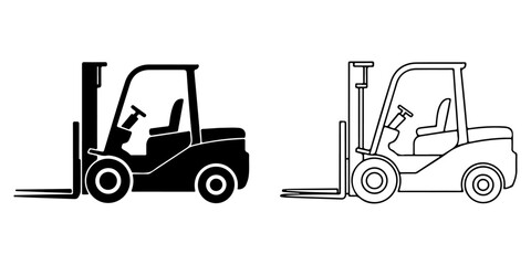 Naklejka premium Warehouse forklift truck silhouette icon Forklift truck black silhouette icon collection featuring warehouse lifting vehicles, logistics equipment, cargo handling machinery