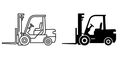 Naklejka premium Warehouse forklift truck silhouette icon Forklift truck black silhouette icon collection featuring warehouse lifting vehicles, logistics equipment, cargo handling machinery