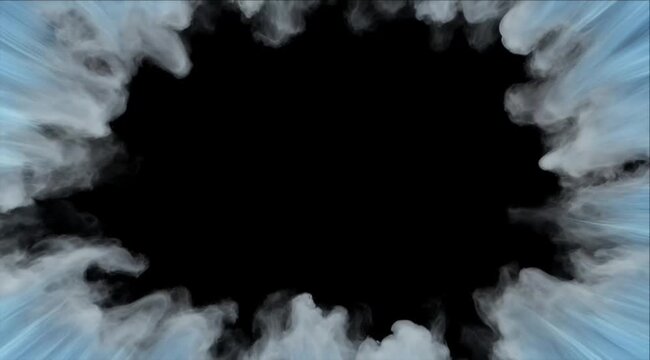 Cinematic smoke cloud background with bright white center and soft glowing light rays and ethereal glow over calm sea horizon moody sky with surreal purple mist and soft orange blue powder explosion