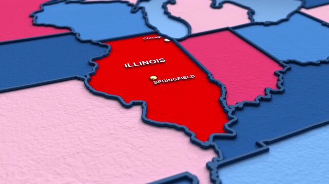 Looped 3D election map animation of the United States zooming into Illinois state, featuring red, blue, purple and green political outcome variations. 