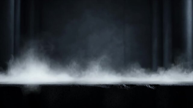 Cinematic smoke cloud background on dark stone stage and stone surface with mist atmosphere and dramatic light glow for moody mysterious scene design and product display