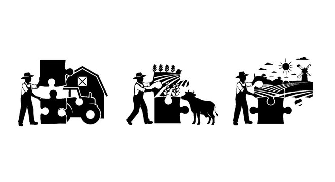 Black and white illustrations of farm work and livestock.