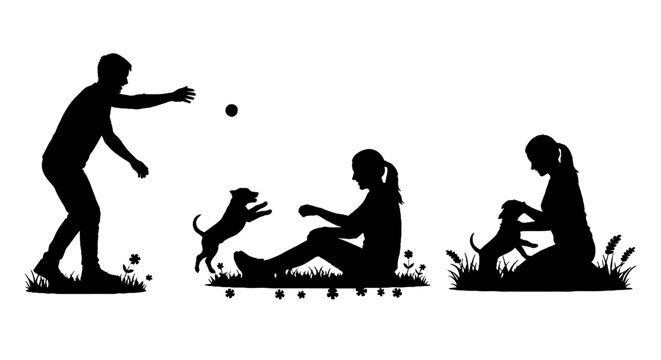 Silhouette of man playing fetch with dog and family watching.