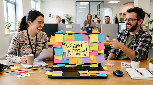 Colleagues laughing at a laptop covered in colorful sticky notes for an April Fools Day office prank