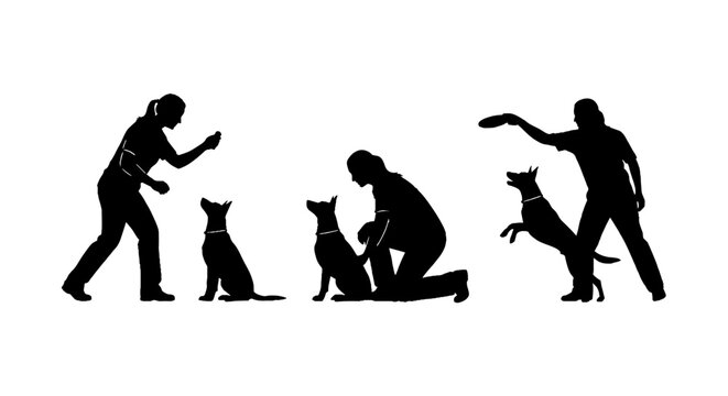 Silhouettes of people interacting with dogs in various poses.