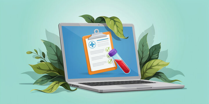 Medical test report on laptop screen with blood sample tube and foliage laboratory healthcare diagnostics analysis clinical biotechnology computer technology medicine research professional