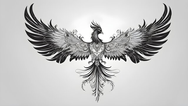 Majestic mythical phoenix bird illustration, intricate black and white graphic art with detailed ornate feathers and spread wings.
