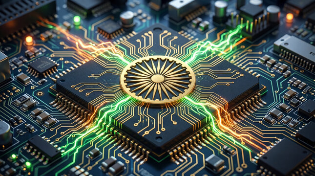 High tech CPU microchip glowing with Indian flag colors for 15 August 80th Independence Day and 79th Anniversary celebration