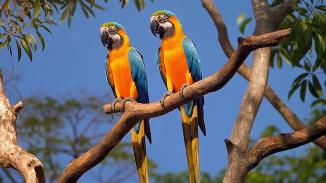 Bright orange and blue parrots perched on tree branches, vibrant tropical wildlife bird birds