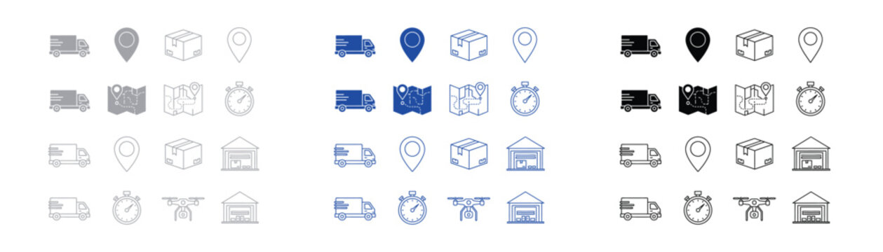 Set of logistics and delivery icons featuring trucks boxes maps and warehouses logistics delivery warehouse shipping transport tracking location stopwatch business commerce transportation