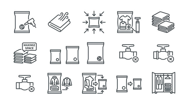 Space Saving Vacuum Seal Bags Icon Set for Clothing Storage and Travel