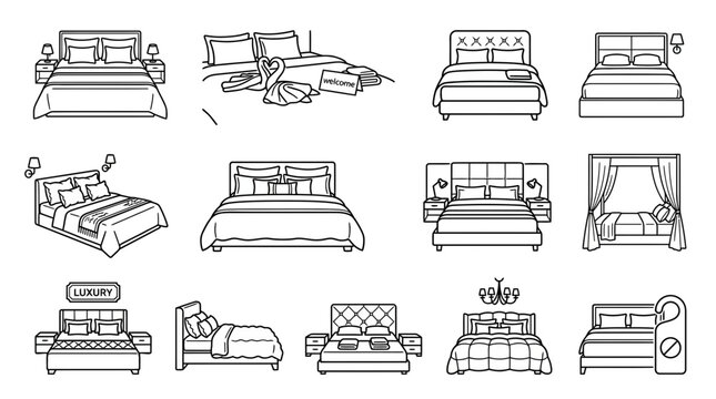 Collection of bed icons, hotel room furniture, bedroom interior design, line art