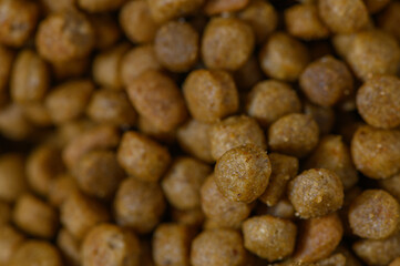 Obraz premium Delicious brown kibble treats scattered on a vibrant surface, appealing to pet lovers and their furry friends
