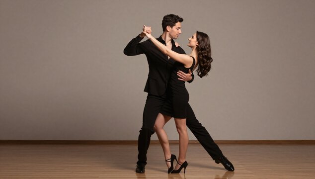 Passionate tango dancers embrace on the dance floor in elegant black attire
