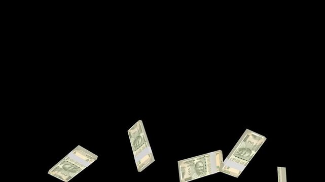 Animation of Falling Indian Rupee Notes and Money Bundles on alpha channel