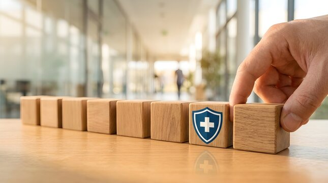 Hand stacks wooden blocks to represent the building of health insurance plans.