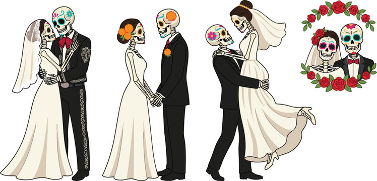 Day of the Dead Wedding Skeleton Couple Vector Set with Dia de los Muertos Bride and Groom Calavera Characters for Halloween and Marriage Anniversary Designs