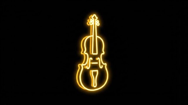 Glowing Neon Violin Outline on Black Background, Musical Instrument Light Art.