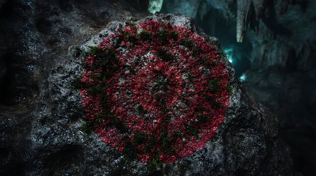 Symbol carved into a dark stone cave glows with a mysterious red light aura.