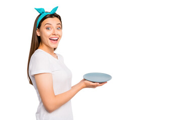 Its dinner time! Profile side photo of excited amazed girl hold plate want eat supper feel hungry...